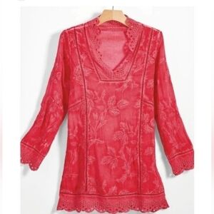 Soft Surroundings Dierdre Eyelet Trim floral Embroidered Bright Pink Blouse Pxs